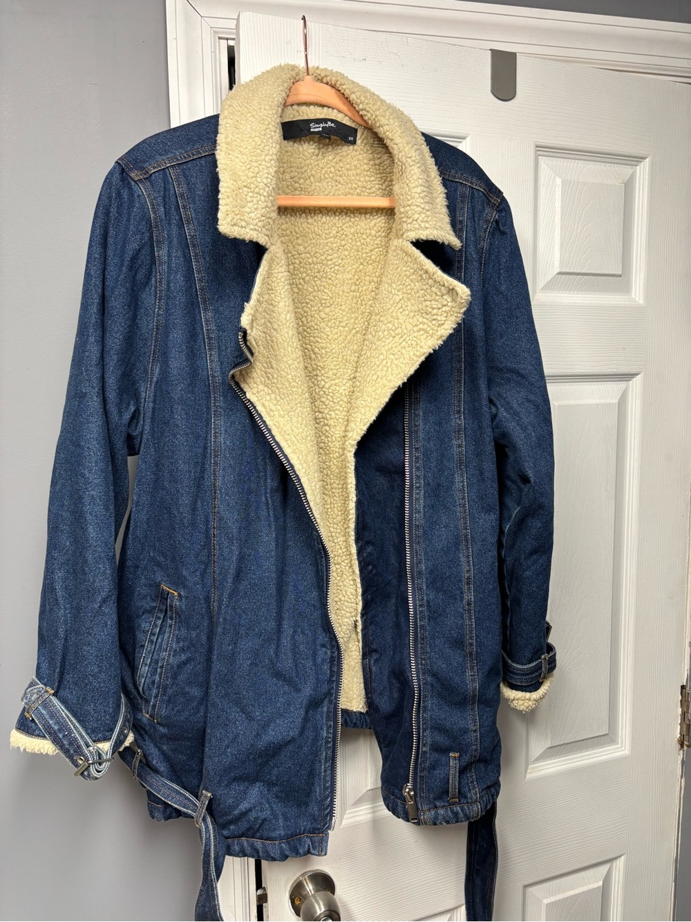 Simply Be Dark Blue Denim Jacket with Cream Sherpa Lining